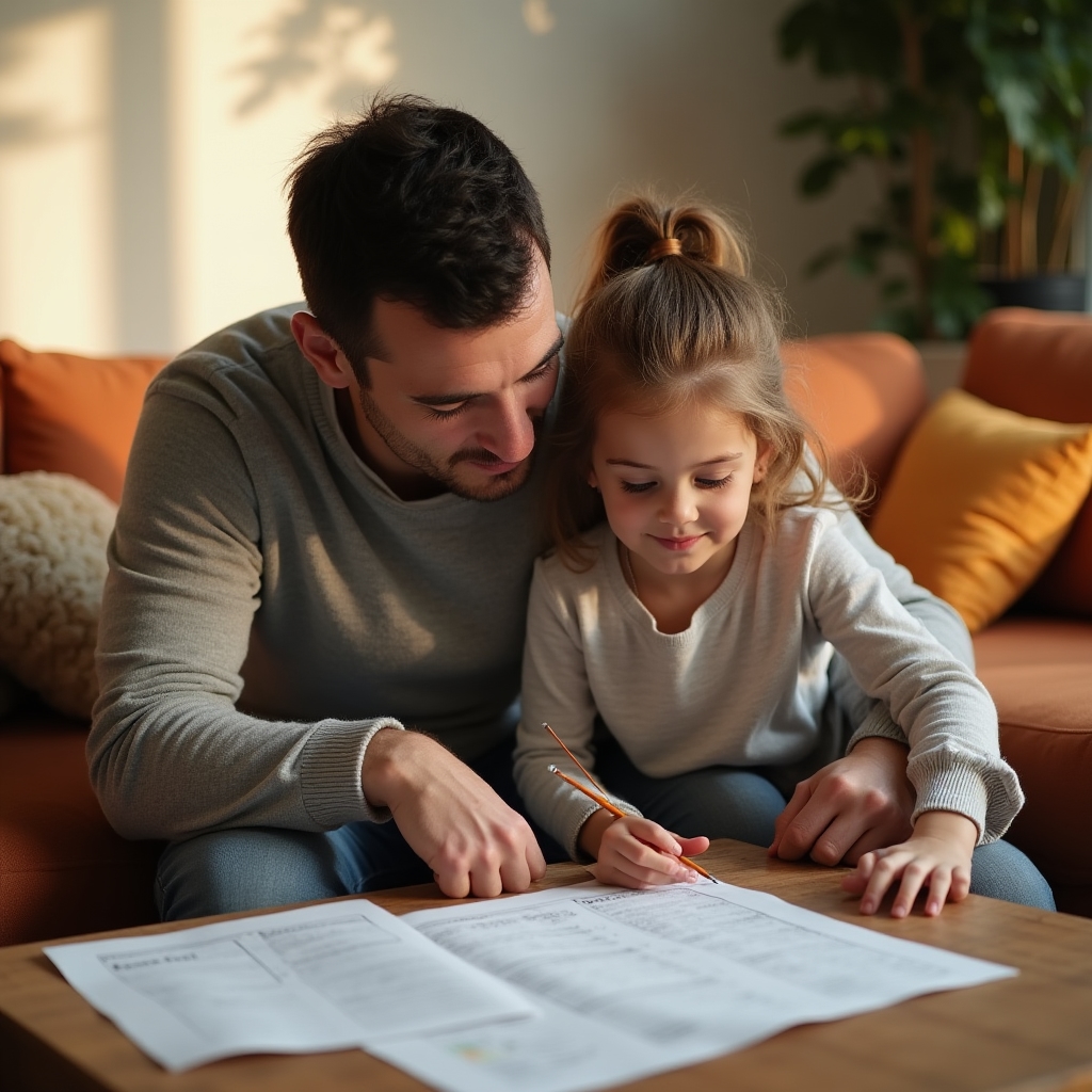 Elternteil und Kind füllen gemeinsam ein Arbeitsblatt auf dem Sofa aus