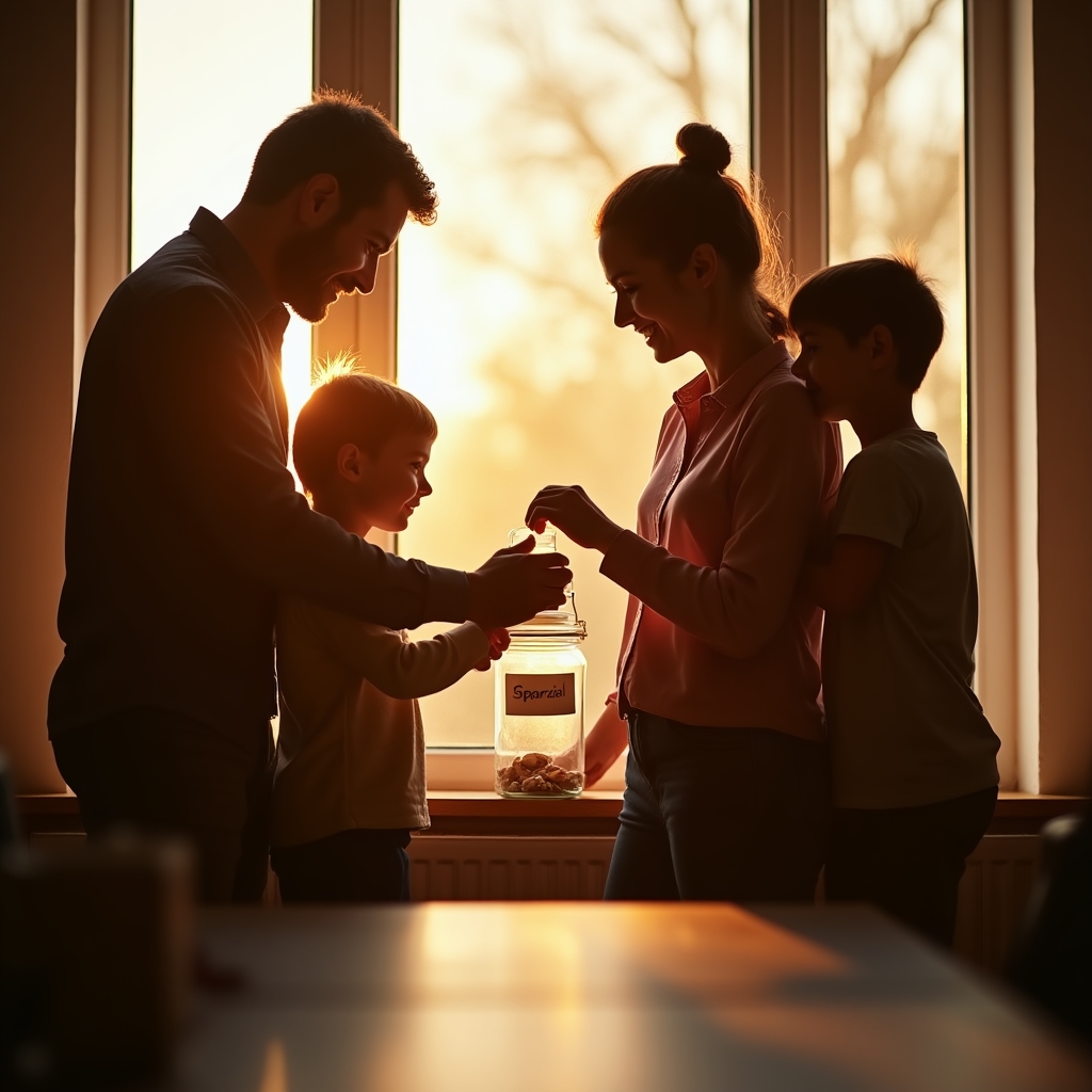 Familie stellt ein Glas mit Spargeld sichtbar auf die Fensterbank