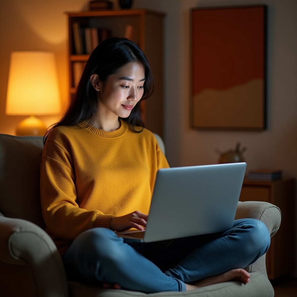 Elternteil sieht sich die aufgezeichnete Webinar-Einheit am Laptop im Wohnzimmer an